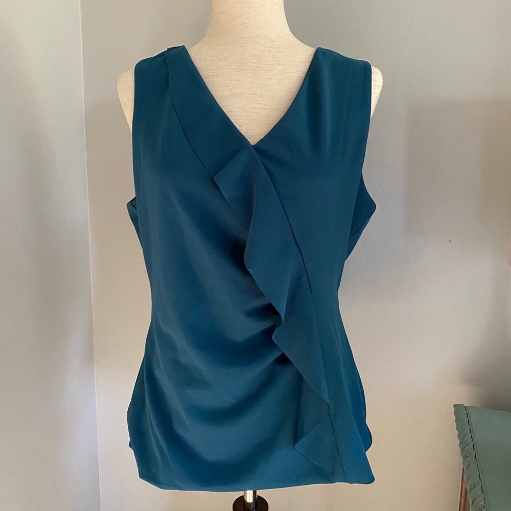 WHBM teal tank with crossbody ruffle